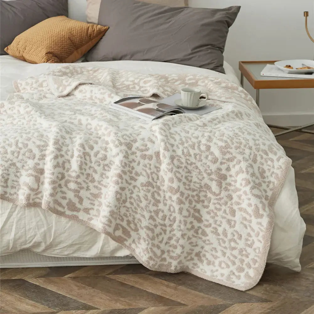 Cozy leopard print knitted cream & gray bedroom throw blanket