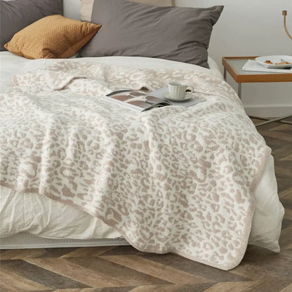 Cozy leopard print knitted cream & gray bedroom throw blanket