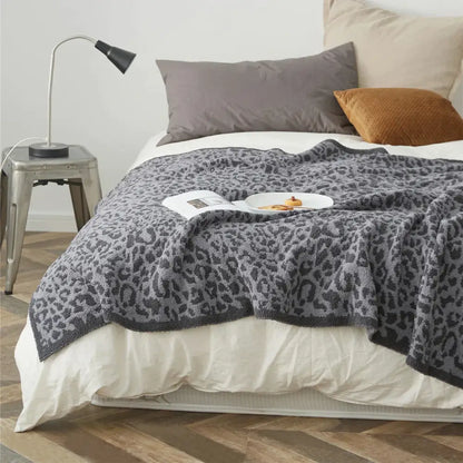 Cozy leopard print knitted cream & gray bedroom throw blanket