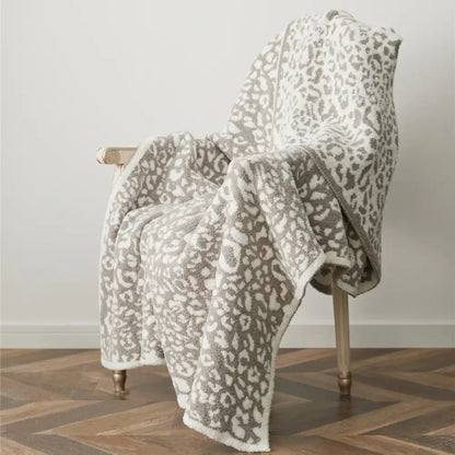 Cozy leopard print knitted cream & gray bedroom throw blanket