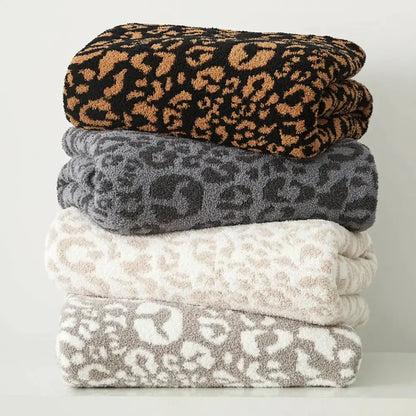 Cozy leopard print knitted cream & gray bedroom throw blanket