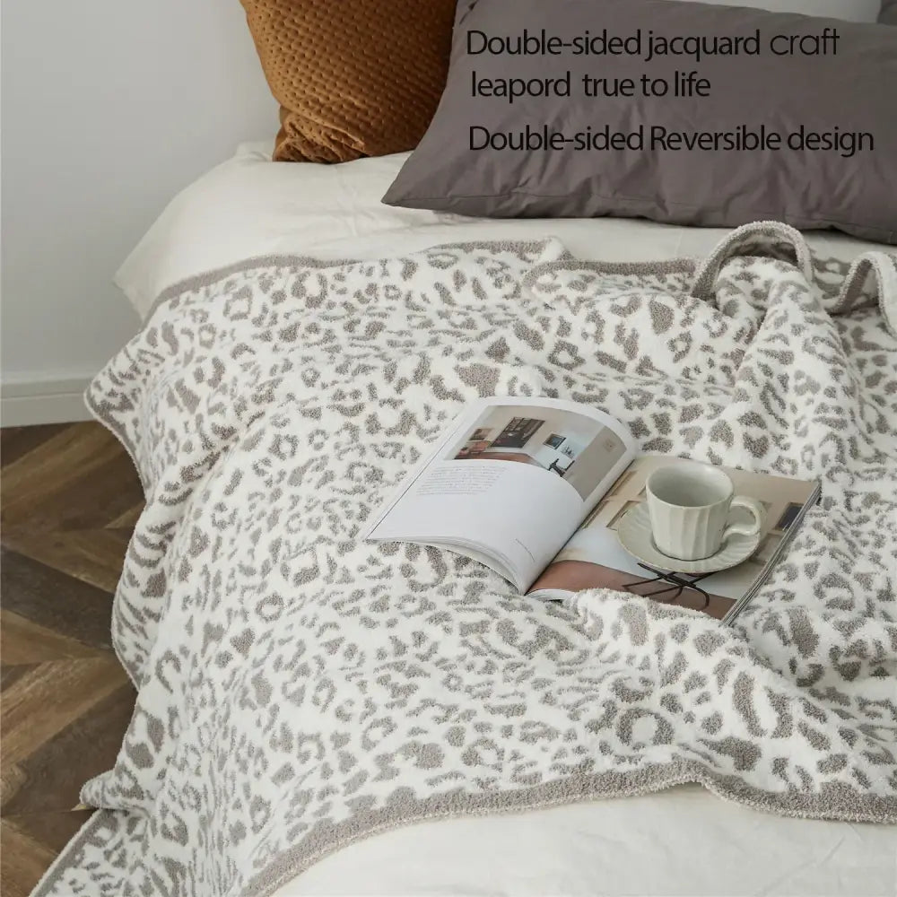 Cozy leopard print knitted cream & gray bedroom throw blanket