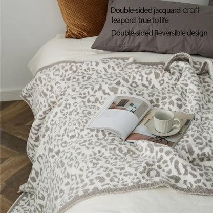 Cozy leopard print knitted cream & gray bedroom throw blanket