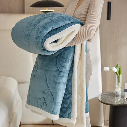Cozy light blue floral lamb wool sofa blanket living room throw