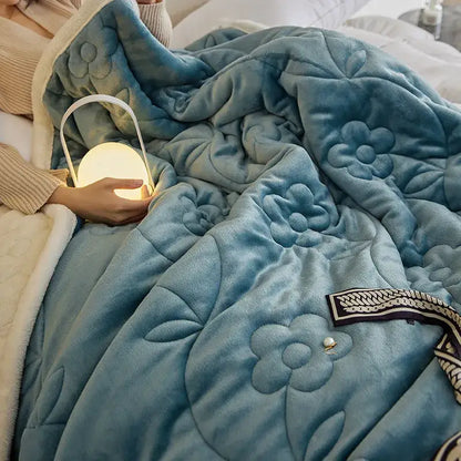 Cozy light blue floral lamb wool sofa blanket living room throw