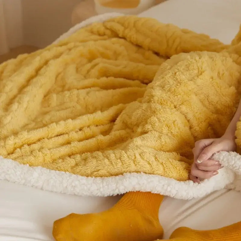 Cozy mustard & white coral fleece blanket bedroom sherpa throw