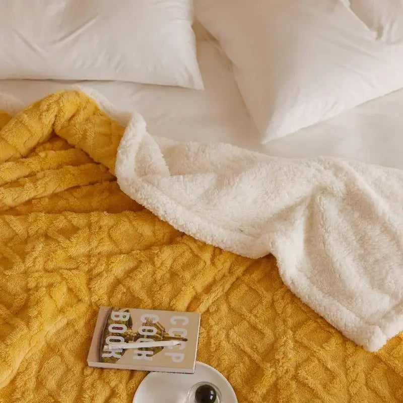 Cozy mustard & white coral fleece blanket bedroom sherpa throw