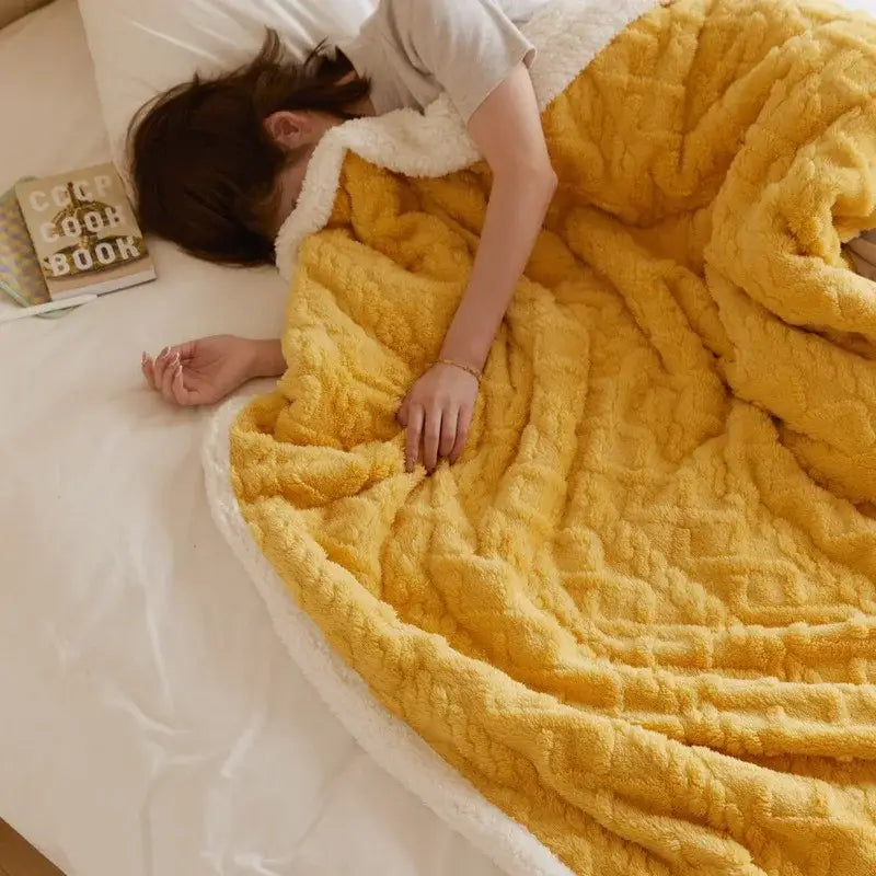 Cozy mustard & white coral fleece blanket bedroom sherpa throw