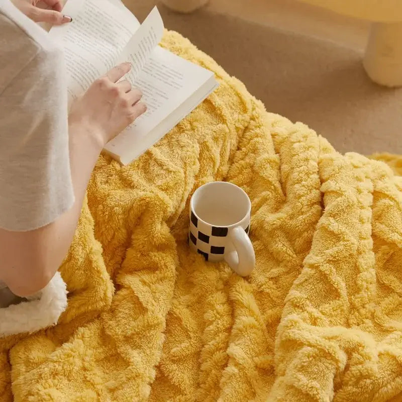 Cozy mustard & white coral fleece blanket bedroom sherpa throw