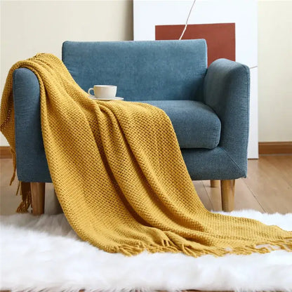 Cozy nordic knit textured tassel throw blanket for living room