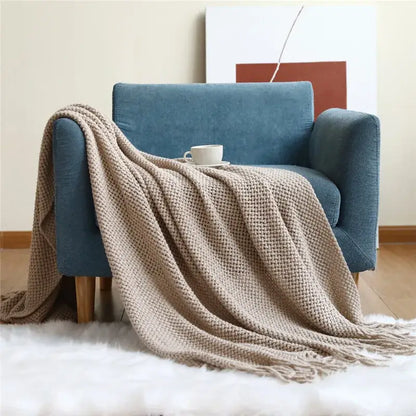 Cozy nordic knit textured tassel throw blanket for living room