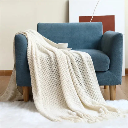 Cozy nordic knit textured tassel throw blanket for living room
