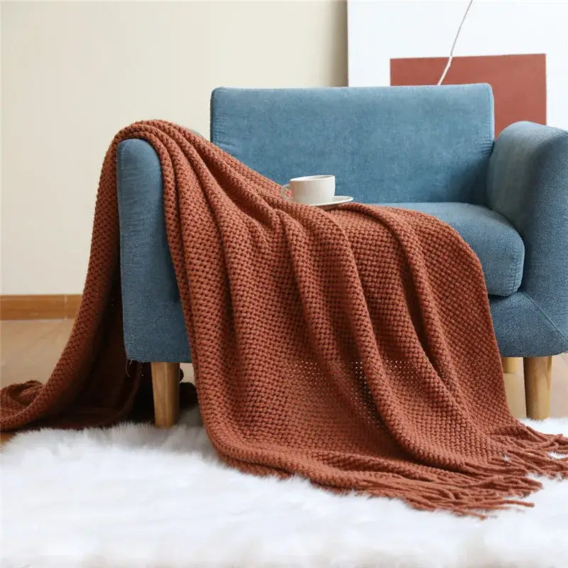 Cozy nordic knit textured tassel throw blanket for living room