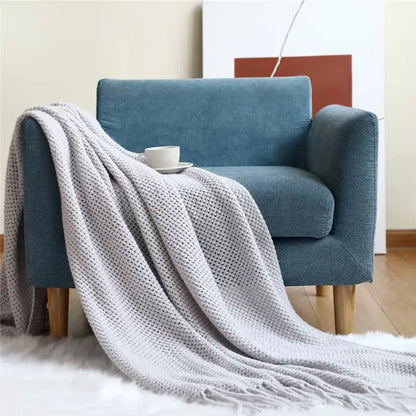 Cozy nordic knit textured tassel throw blanket for living room