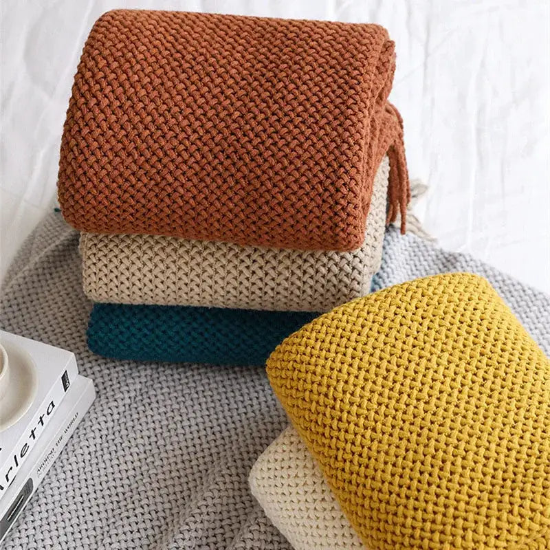 Cozy nordic knit textured tassel throw blanket for living room