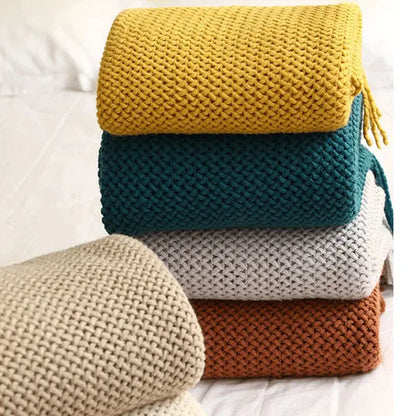 Cozy nordic knit textured tassel throw blanket for living room