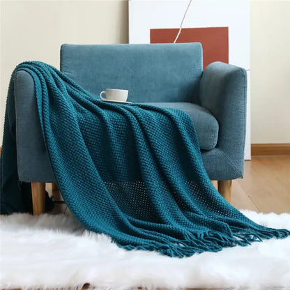 Cozy nordic knit textured tassel throw blanket for living room