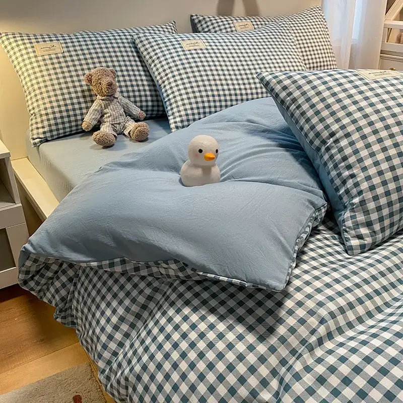 Cozy plaid duvet cover blue & white bedroom bedding set