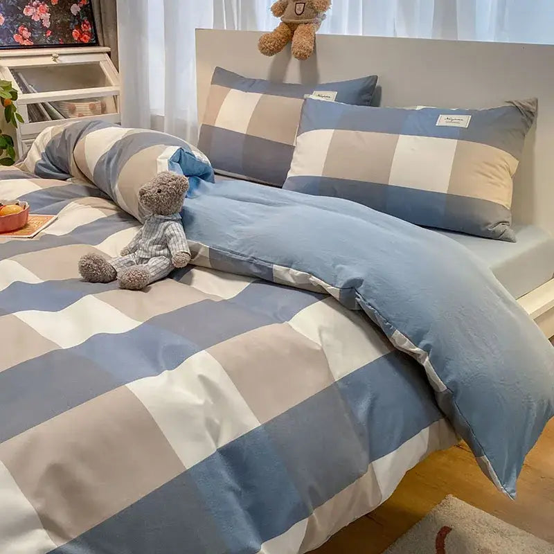 Cozy plaid duvet cover blue & white bedroom bedding set