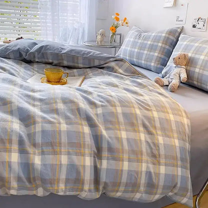 Cozy plaid duvet cover blue & white bedroom bedding set