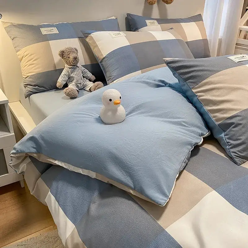 Cozy plaid duvet cover blue & white bedroom bedding set