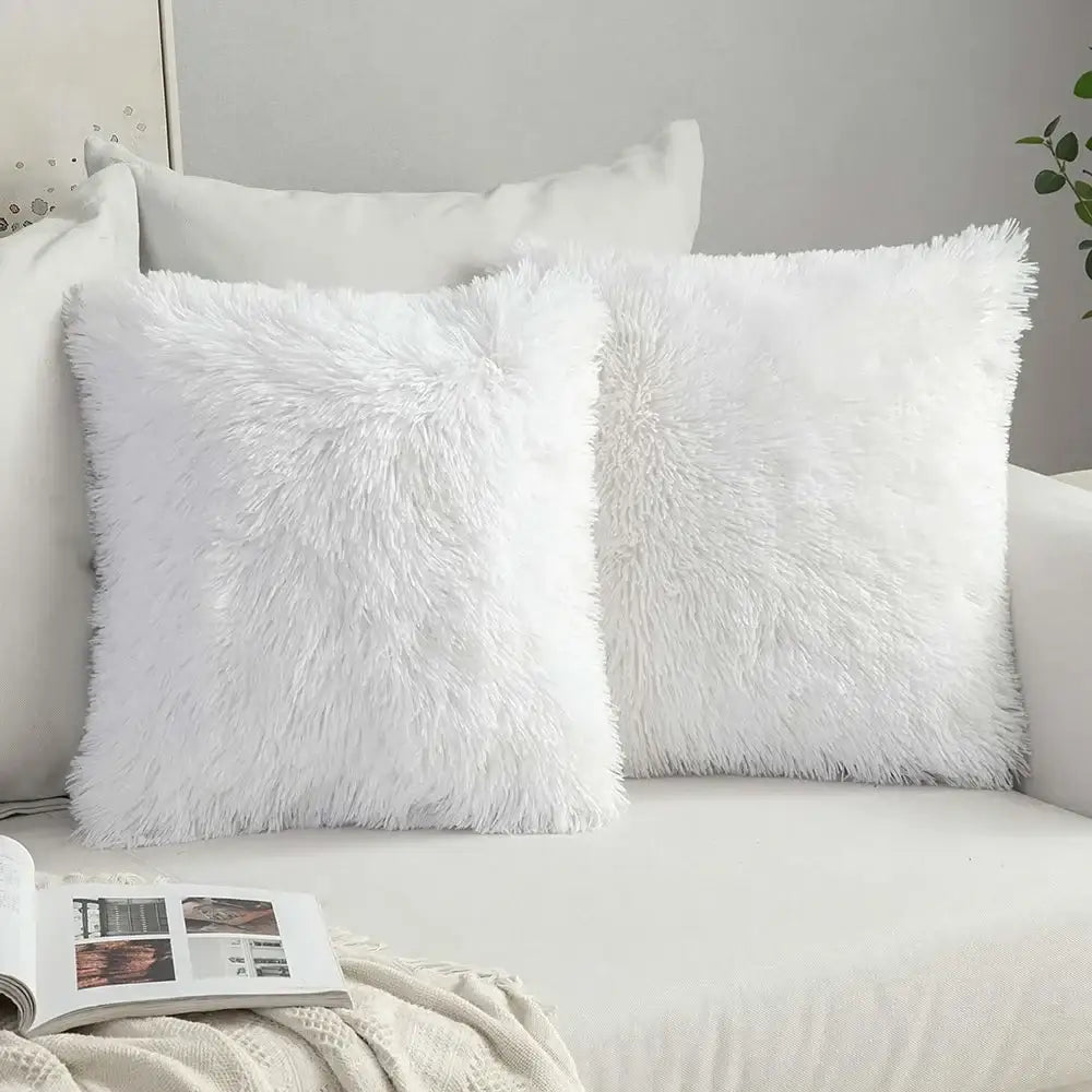 Cozy plush fur cushion cover white & grey living room pillowcase