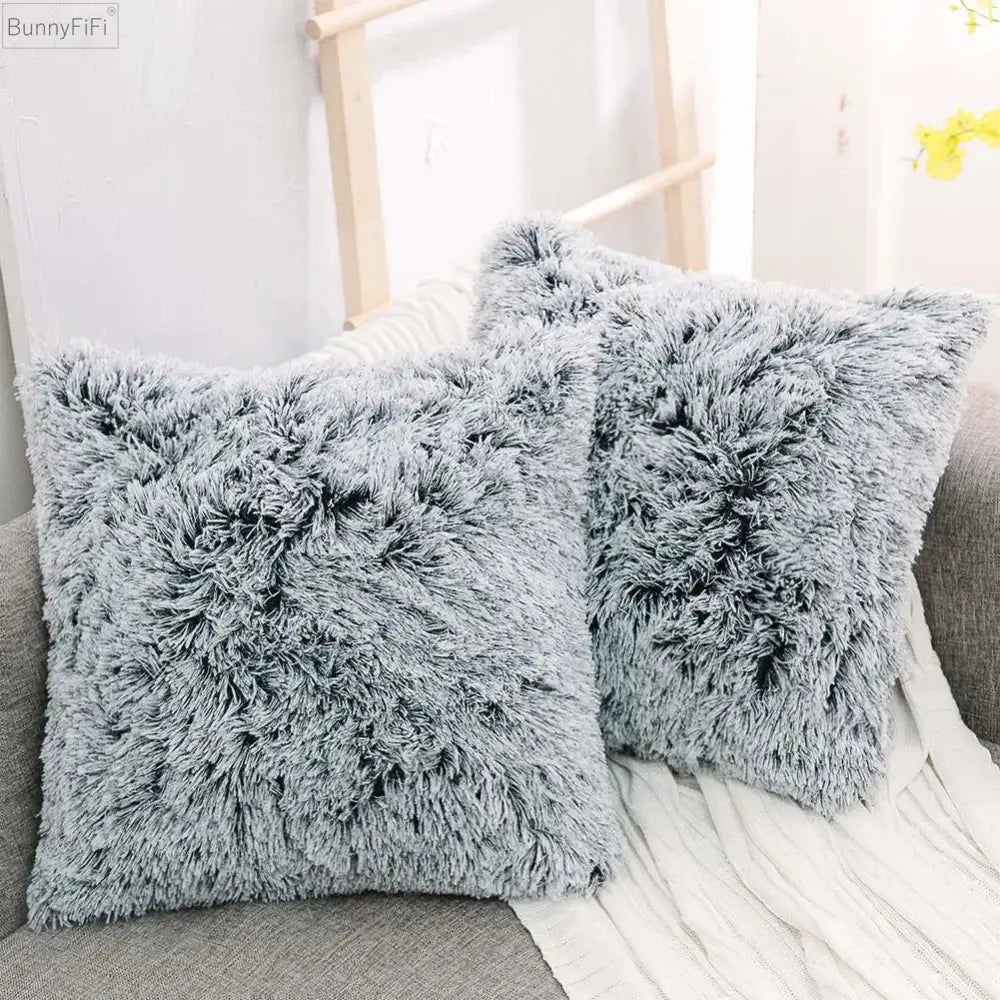 Cozy plush fur cushion cover white & grey living room pillowcase