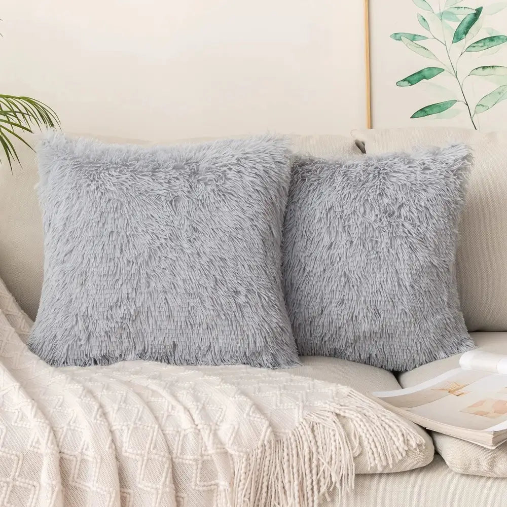 Cozy plush fur cushion cover white & grey living room pillowcase