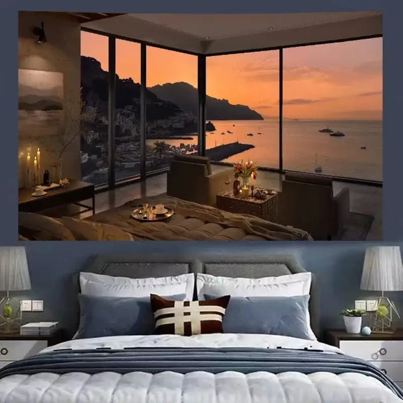Cozy retro cottage wall tapestry blue & white bedroom decor