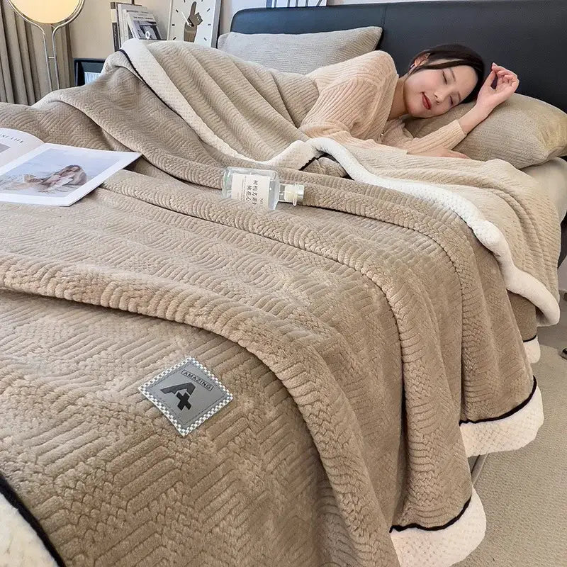 Cozy striped knitted velvet bedroom blanket in cream & black