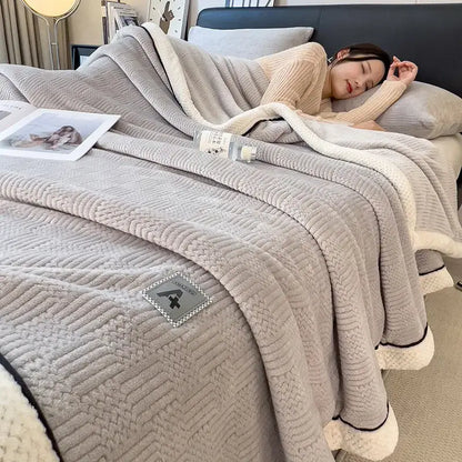 Cozy striped knitted velvet bedroom blanket in cream & black