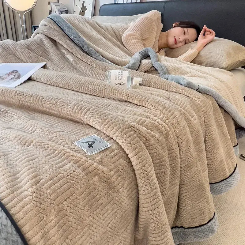 Cozy striped knitted velvet bedroom blanket in cream & black