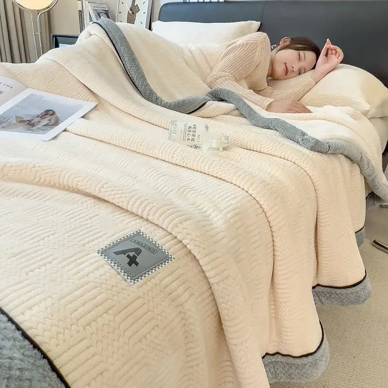Cozy striped knitted velvet bedroom blanket in cream & black