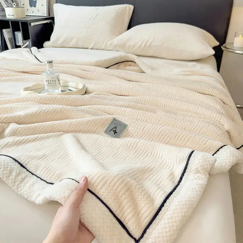 Cozy striped knitted velvet bedroom blanket in cream & black