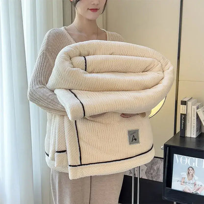 Cozy striped knitted velvet bedroom blanket in cream & black