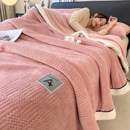 Cozy striped knitted velvet bedroom blanket in cream & black