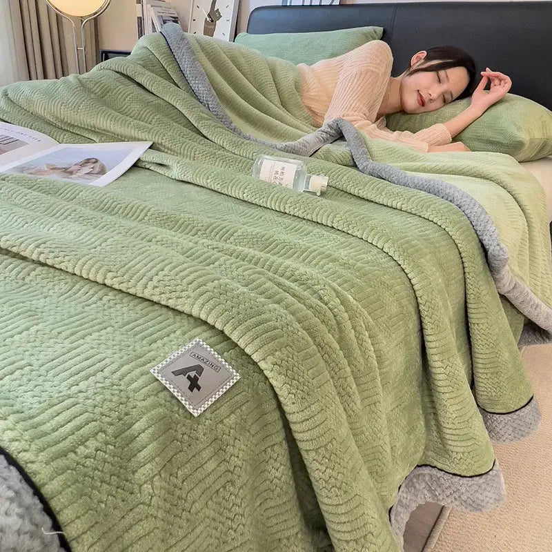 Cozy striped knitted velvet bedroom blanket in cream & black
