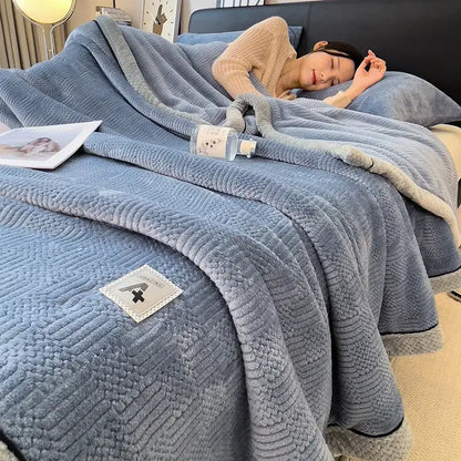 Cozy striped knitted velvet bedroom blanket in cream & black
