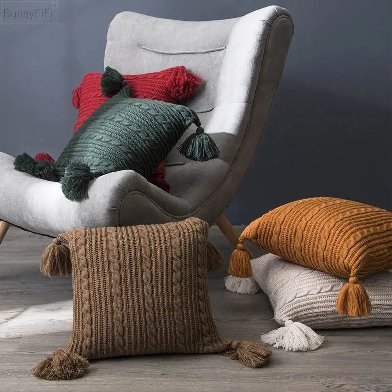 Cozy textured knit cushion cover with tassels for living room bed