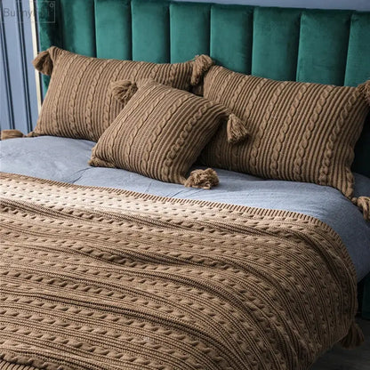 Cozy textured knit cushion cover with tassels for living room bed