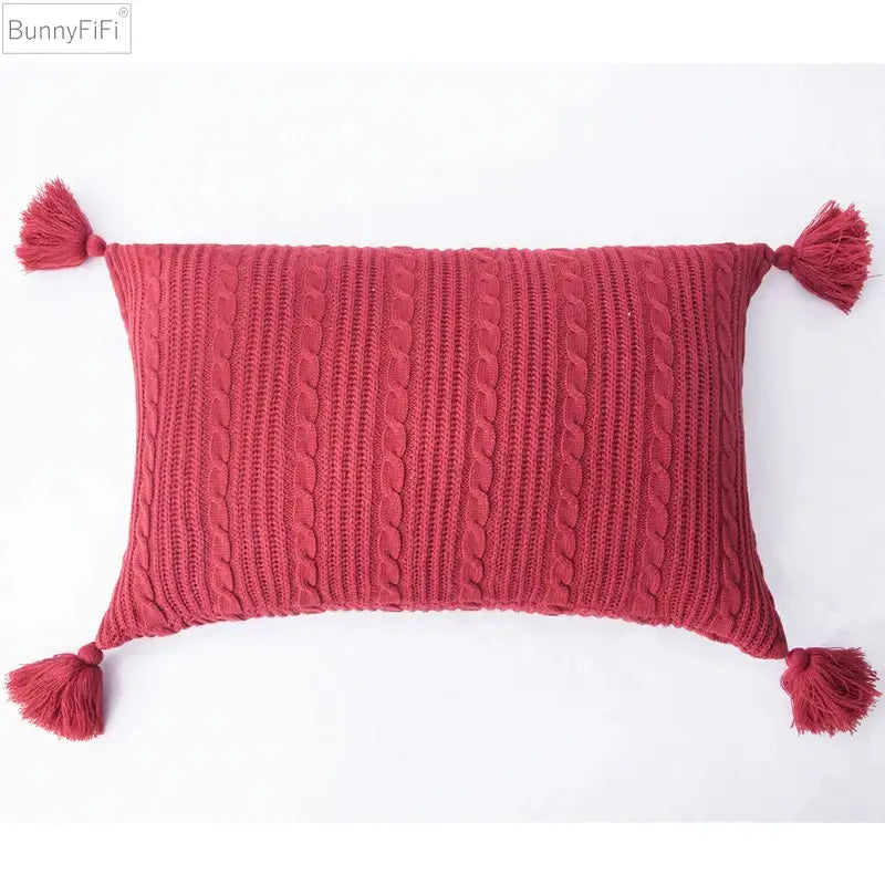 Cozy textured knit cushion cover with tassels for living room bed