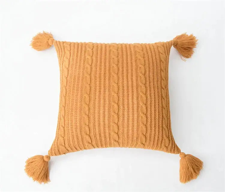 Cozy textured knit cushion cover with tassels for living room bed