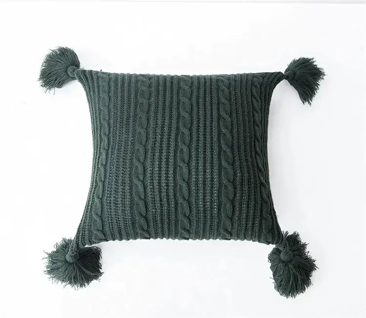 Cozy textured knit cushion cover with tassels for living room bed