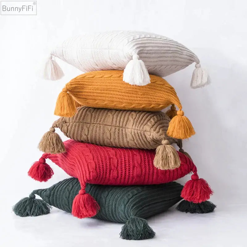 Cozy textured knit cushion cover with tassels for living room bed