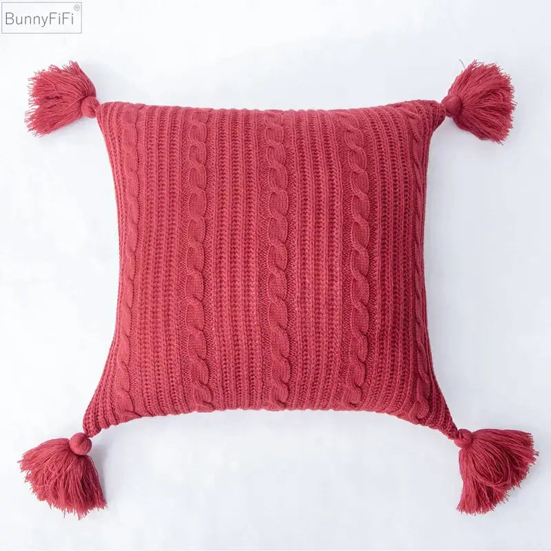 Cozy textured knit cushion cover with tassels for living room bed