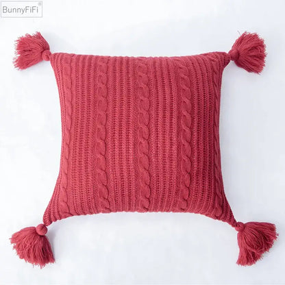 Cozy textured knit cushion cover with tassels for living room bed