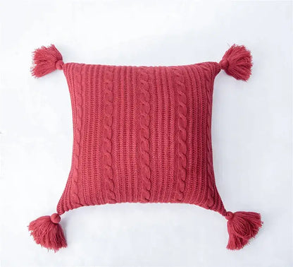 Cozy textured knit cushion cover with tassels for living room bed