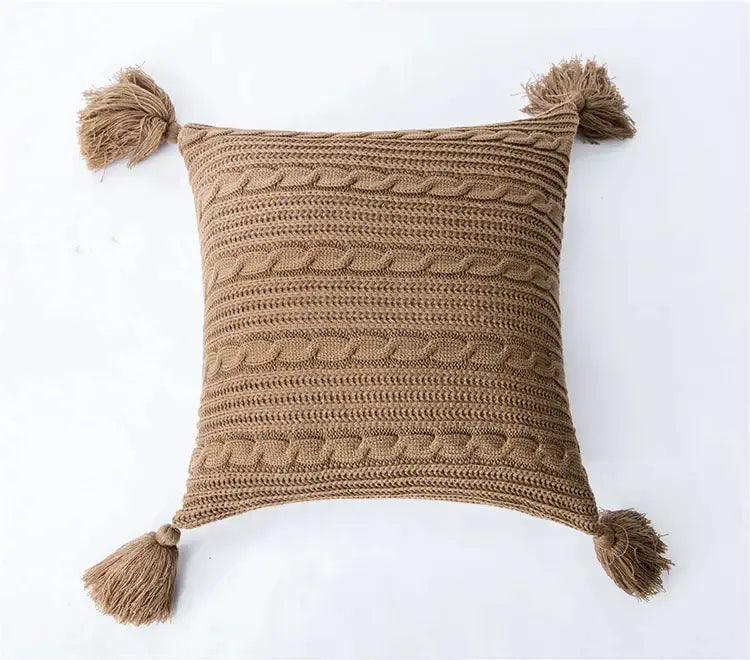 Cozy textured knit cushion cover with tassels for living room bed