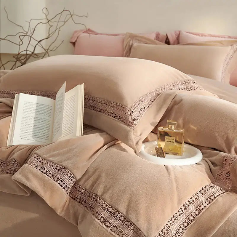Cozy velvet lace bedding set cream bedroom decor