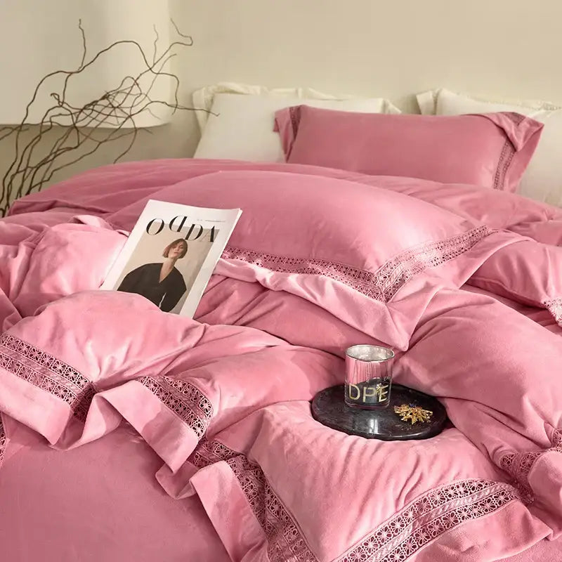 Cozy velvet lace bedding set cream bedroom decor